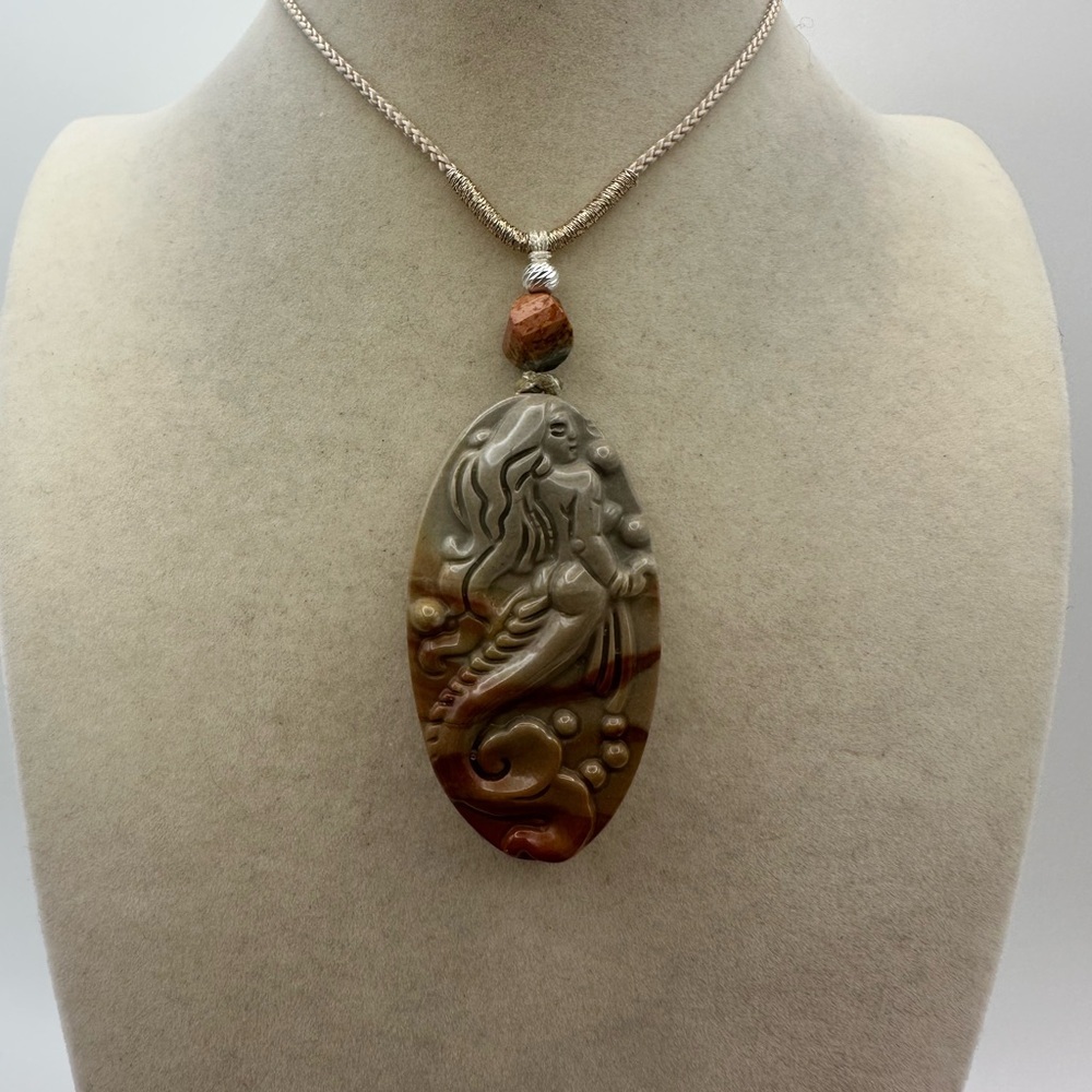 Polychrome Jasper Oval Mermaid Carving Pendant on Adjustable Rope with Silver - Picture 5 of 12